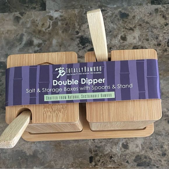 Totally Bamboo double dipper Salt & Storage boxes 6 oz each Kitchenware New - Picture 1 of 5